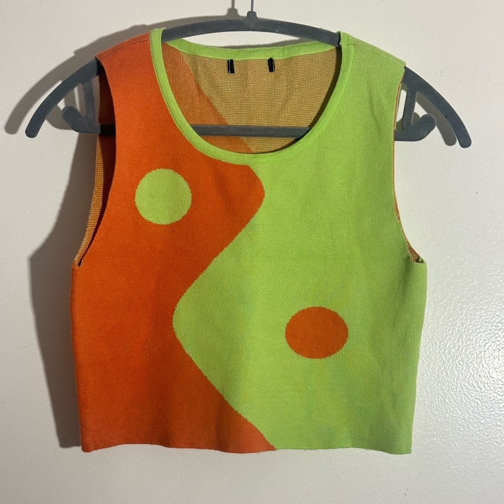 Vintage Geometric Patchwork Cropped Vest small V-neck